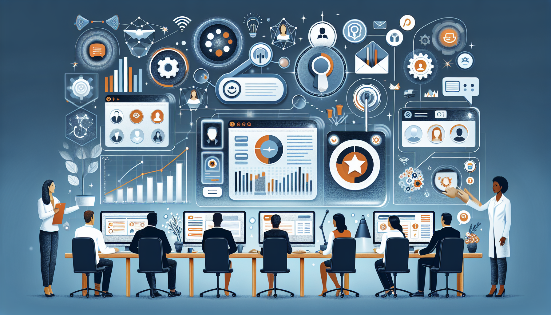 An illustrative depiction of the top customer feedback tools for promoting business growth. This includes digital tools such as an online survey platform, a focus group platform, a social media monitoring tool, a customer relationship management (CRM) system, and an email marketing platform, showcased in a tech-driven office setting with diverse teams of business professionals - black, white, Asian, and Hispanic, men and women - actively utilizing these tools to gain vital insights from customers.