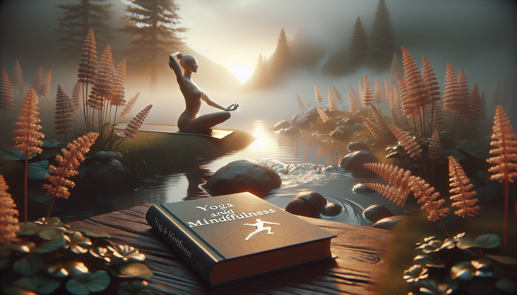 A serene image representing yoga and mindfulness. Visualize a tranquil setting at sunrise, with a balanced Caucasian woman on a yoga mat by a calming stream. Her body is sculpted in a challenging yoga pose, signifying the merging of body and mind. A glossy hardcover book on 