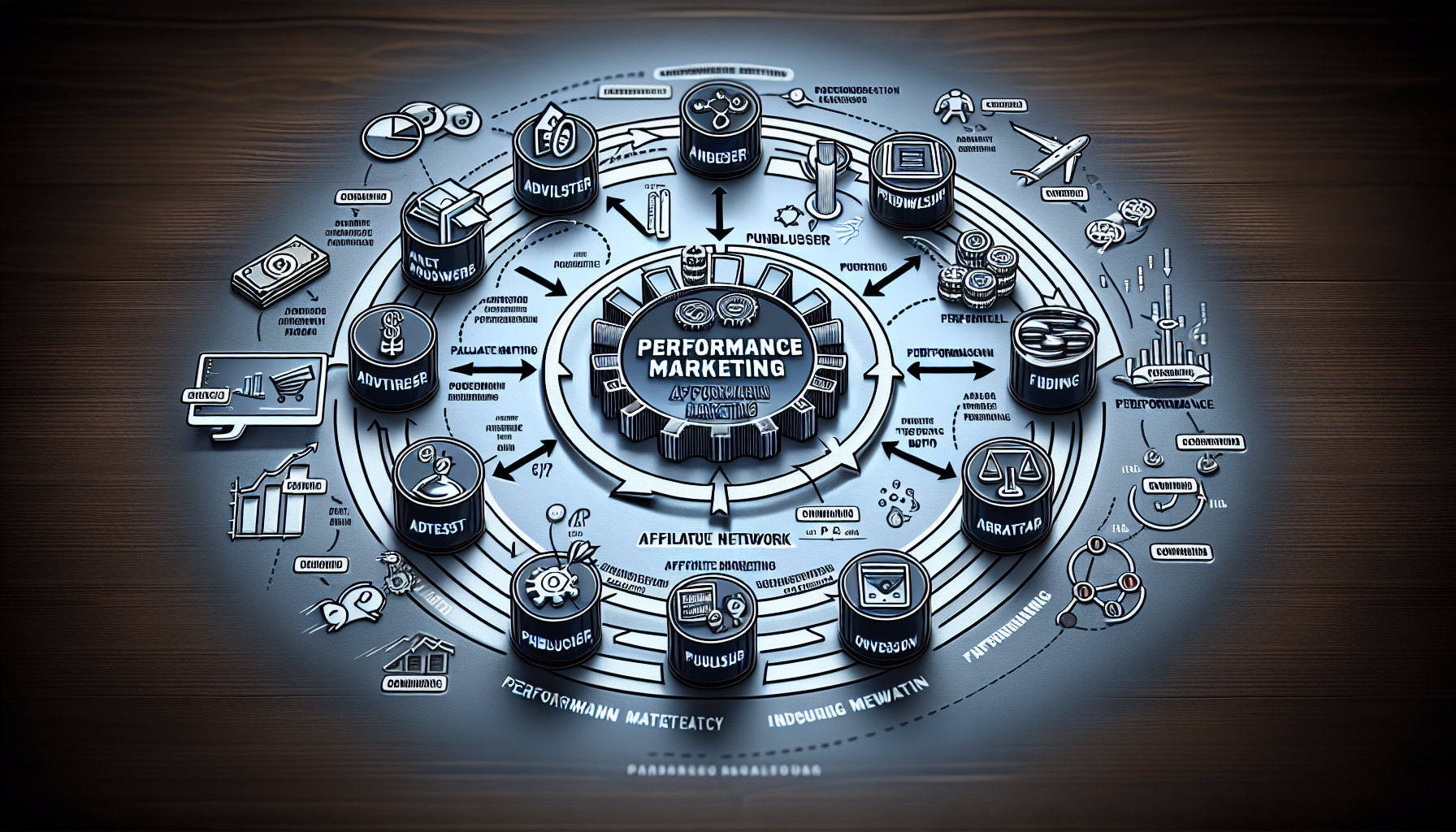 Illustrate performance marketing in the context of affiliate marketing. The image should show a diagram explaining affiliate marketing, with the advertiser and publisher involved in a beneficial relationship. It might include arrows showing flow of information or services, and symbols denoting financial transactions. The term 