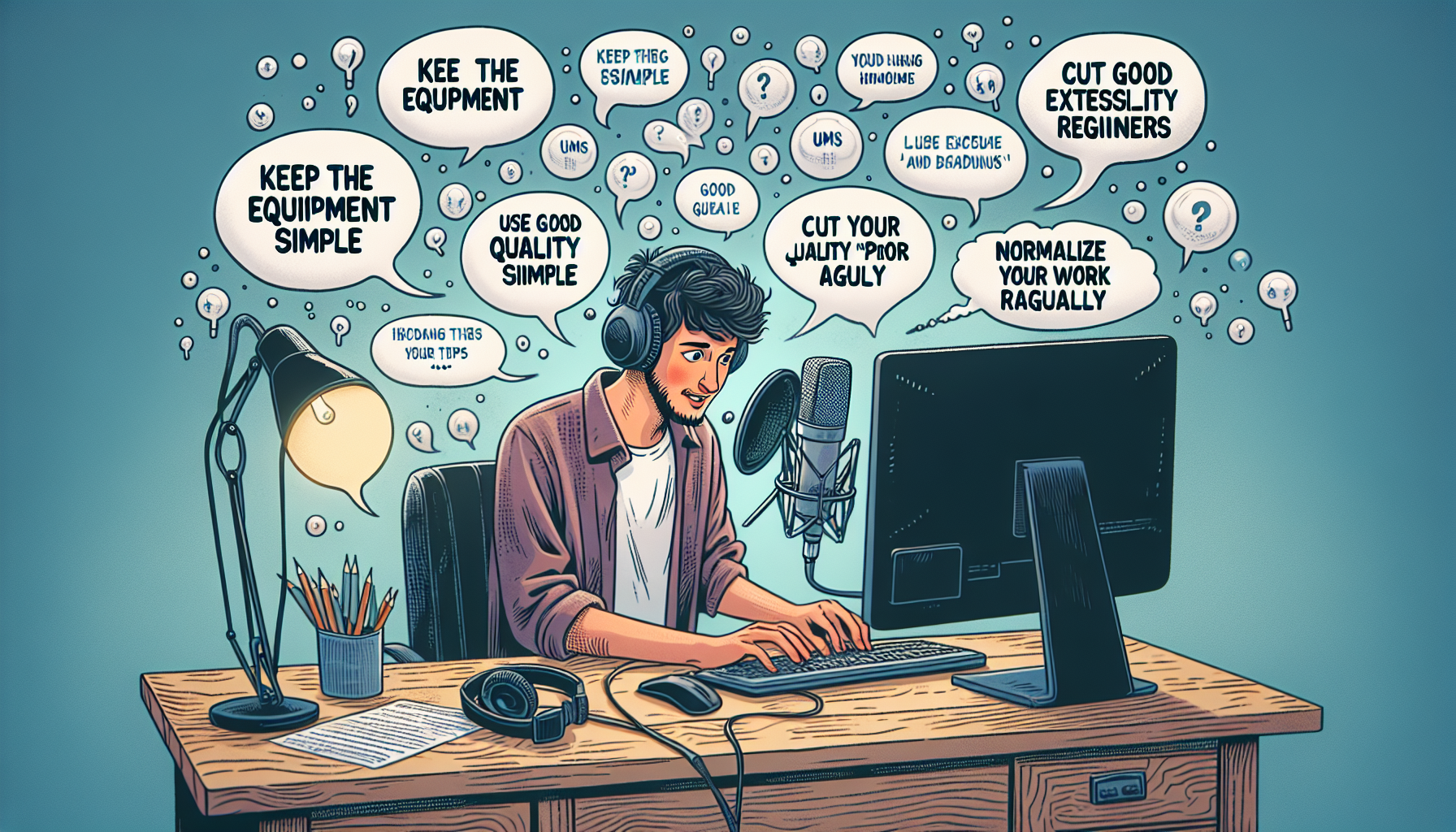 An image representing top podcast editing tips for beginners. The scene should comprise of a casual, home-based environment with a young Middle-Eastern male beginner fiddling with the software on his computer. Show him utilizing headphones and a quality microphone. Illustrate useful tips surrounding him in floating bubbles. The tips should include advice such as 