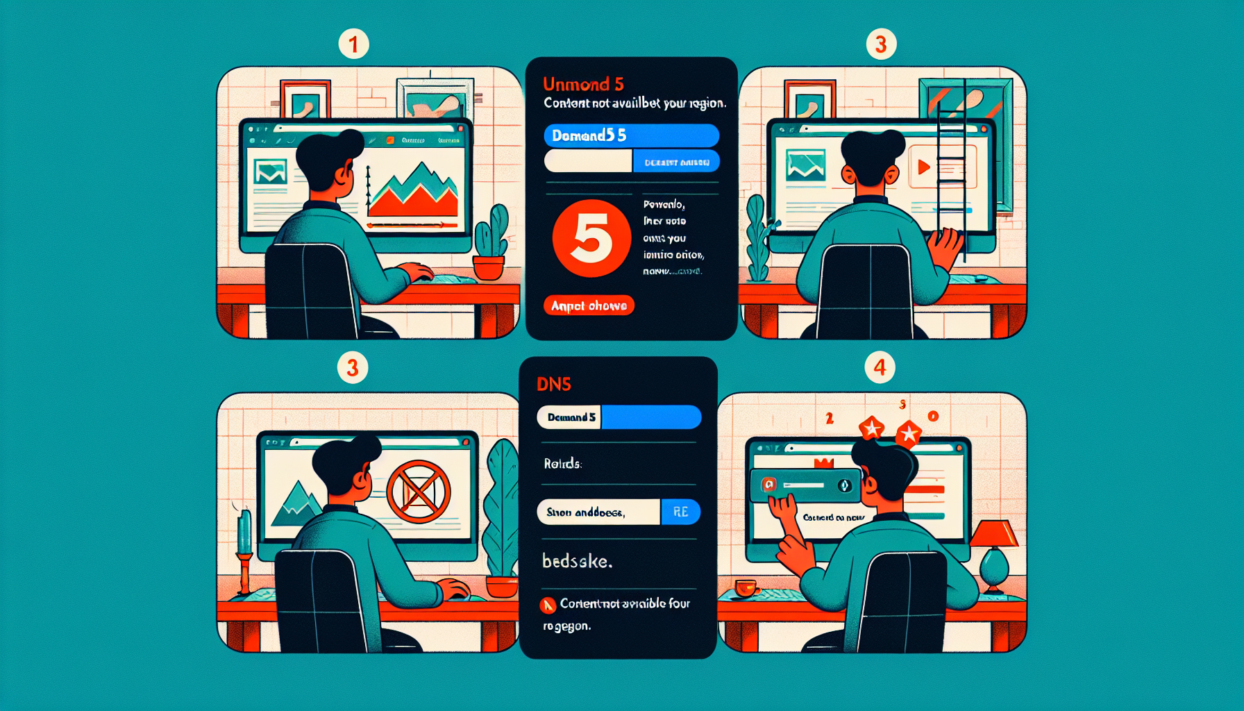 An illustrated step-by-step tutorial on how to unblock Demand 5 using SmartDNS. The first image shows a person sitting at a desktop computer, trying to access the Demand 5 website. The second image shows a text box popping up with an error message saying 
