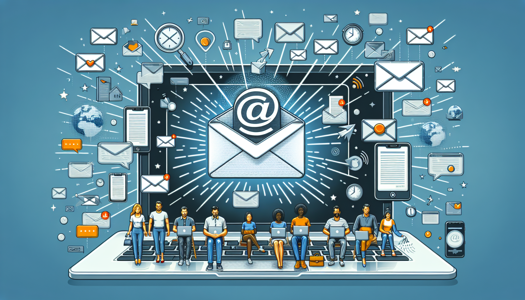 An illustrative representation of effective and engaging subscriber re-engagement campaigns. Display an animated email icon pulsating and emitting waves, symbolizing the reaching out process. Show various digital platforms such as a laptop, smartphone, and tablet, where the campaign is being executed. Mail envelopes symbolize the campaign messages perhaps popping out from the devices. Include a group of people representing various descents such as Caucasian, Hispanic, Black, Middle-Eastern, South Asian, displaying a variety of emotions from surprise, happiness, intrigue, symbolizing their reactions to the campaigns.
