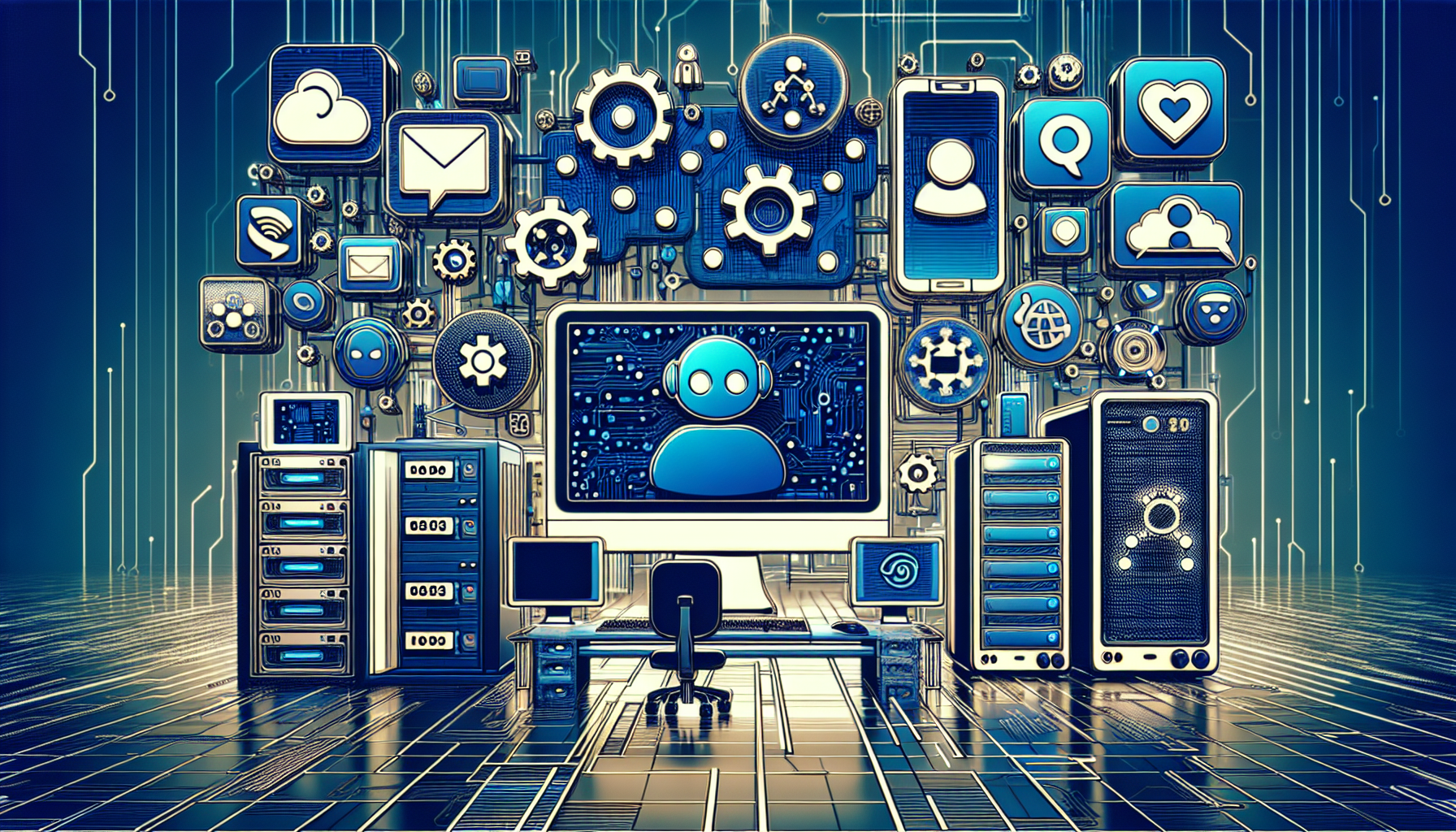 Generate a detailed visual representation of the top platforms for developing chatbots. Include a range of platforms, each represented by its logo or an iconic feature. Set the scene in a technological environment, such as a computer lab or a server room, to further emphasize the tech-focused nature of the theme. Do not include any people or animals in the scene.