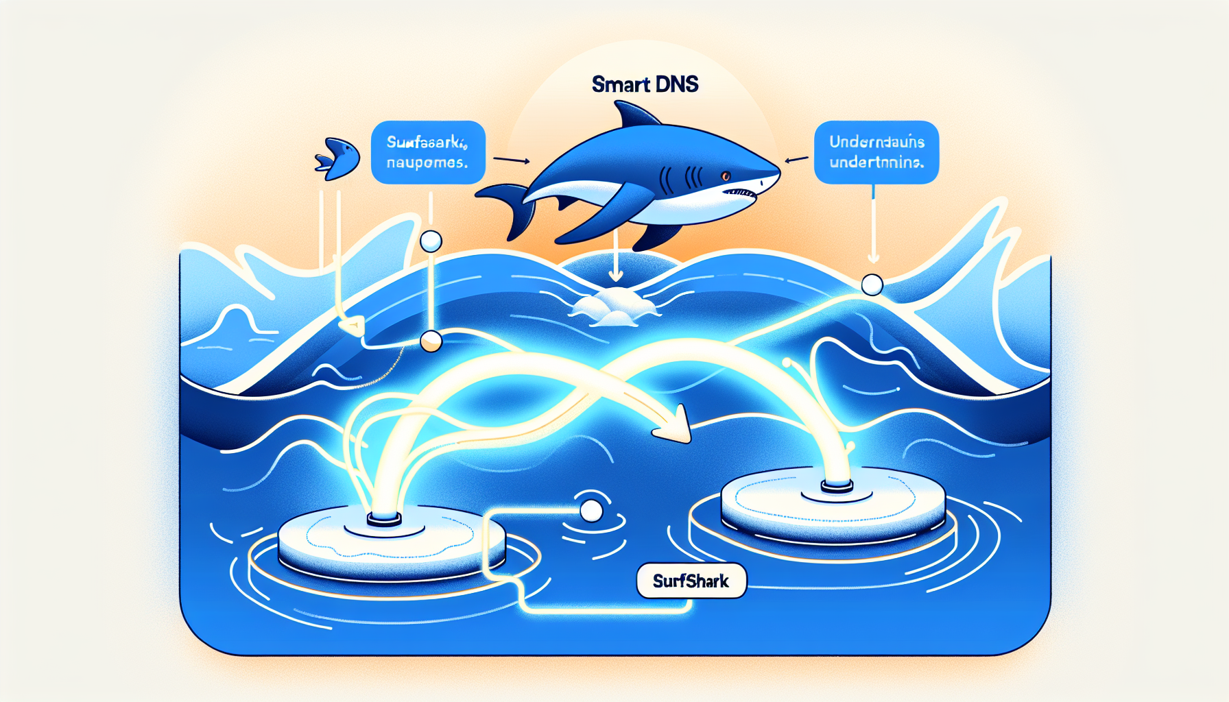 An illustrated guide explaining Surfshark Smart DNS in simple terms. The image includes an animated depiction of a surfshark leaping out of stylized waves. Near the shark, there are two zones marked as 