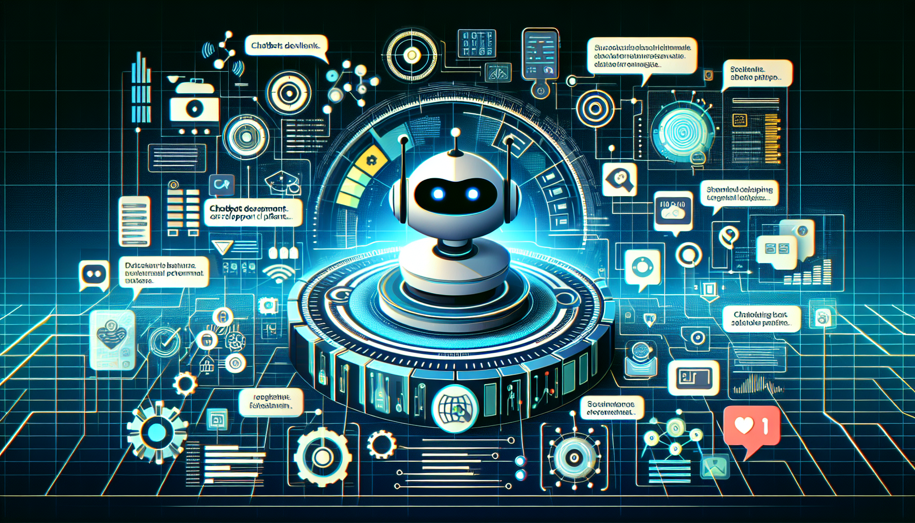 Visualize a comprehensive guide to the top chatbot development platforms. The image should illustrate a variety of innovative platforms neatly categorized, with distinct icons representing each one. Add subtle annotations to describe the key features of these platforms. Note, however, that no specific platforms should be singled out, to maintain impartiality. In the background, show a tech-based environment with radars, binary codes and network nodes to convey a digital atmosphere. Use bold colors to differentiate between platforms and to create an engaging, user-friendly layout.
