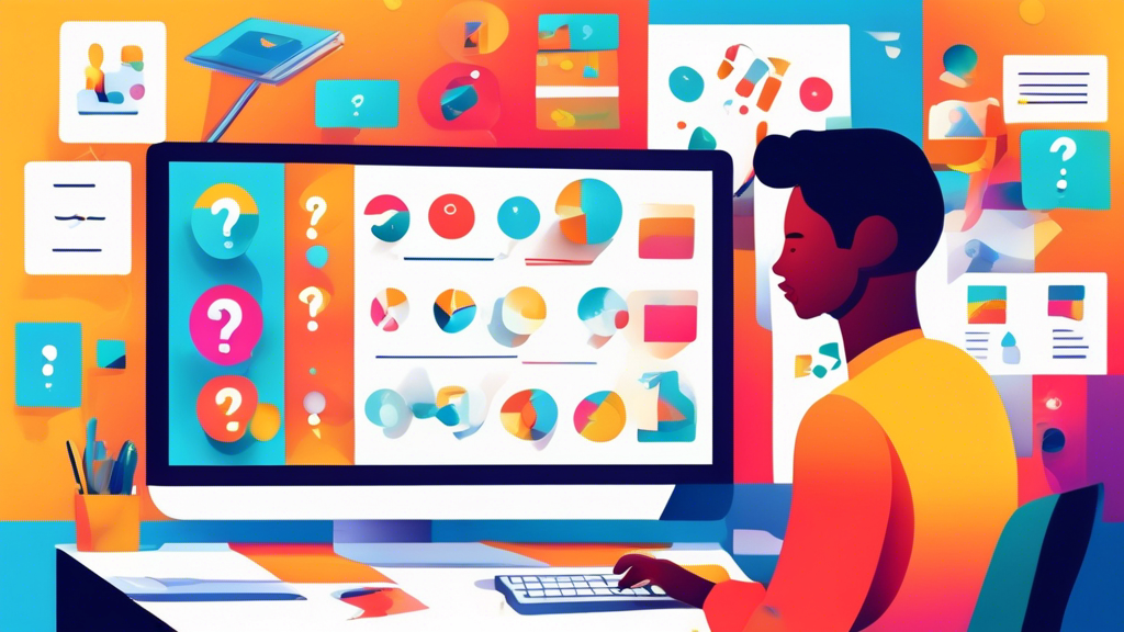 Create an image of a person sitting in front of a computer, effortlessly designing a survey with colorful icons representing questions and answers floating around the screen, in a bright and organized home office setting.