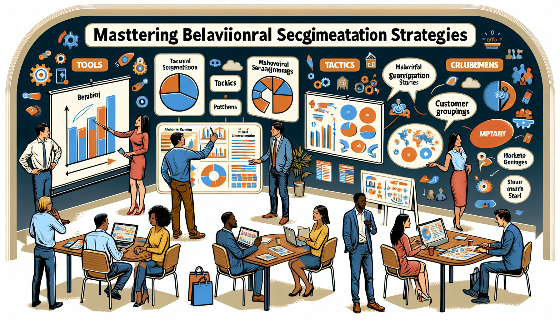 A detailed depiction of the concept of mastering behavioral segmentation strategies. Present an informative illustration of a professional environment with a diverse group of people. Include, for example, a South Asian woman analyzing large chart representing customer segments, an African man brainstorming ideas at a whiteboard filled with marketing strategies, a Hispanic man using a computer to interpret data, and a Caucasian woman enthusiastically explaining a point to her team. Additionally, represent abstract concepts such as tools, tactics, patterns, trends, customer groupings each with their specific behaviors displayed around.