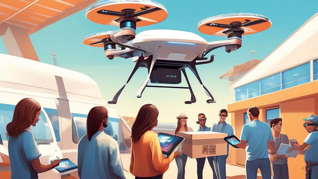 Detailed illustration of brand new iPads being loaded onto a futuristic delivery drone during a bright and sunny April day, with excited customers looking on.