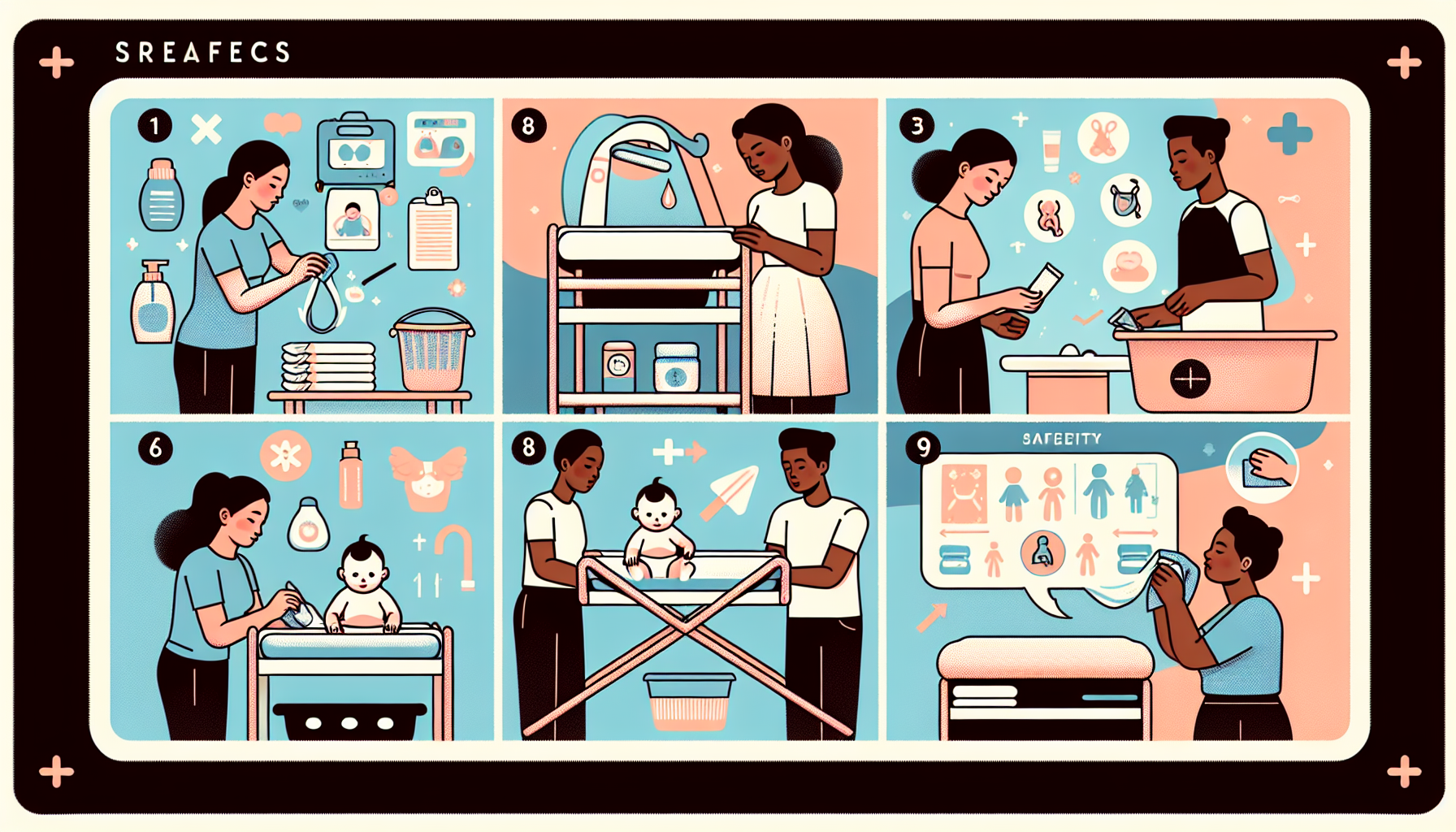 Create an illustrated guide on using a baby changing table. On the left, show a series of images depicting the process in a step-by-step manner: an Asian woman assembling the changing table, a Black man preparing the necessary items neatly on it such as diapers, baby powder, etc., and a Caucasian woman lifting a baby onto the table gently. In the center, visualize an infographic displaying safety measures, featuring a Hispanic man making sure the safety straps are secure. On the right, portray a South Asian woman cleaning the table after use, a Middle Eastern man storing leftover items and a White woman folding it neatly.