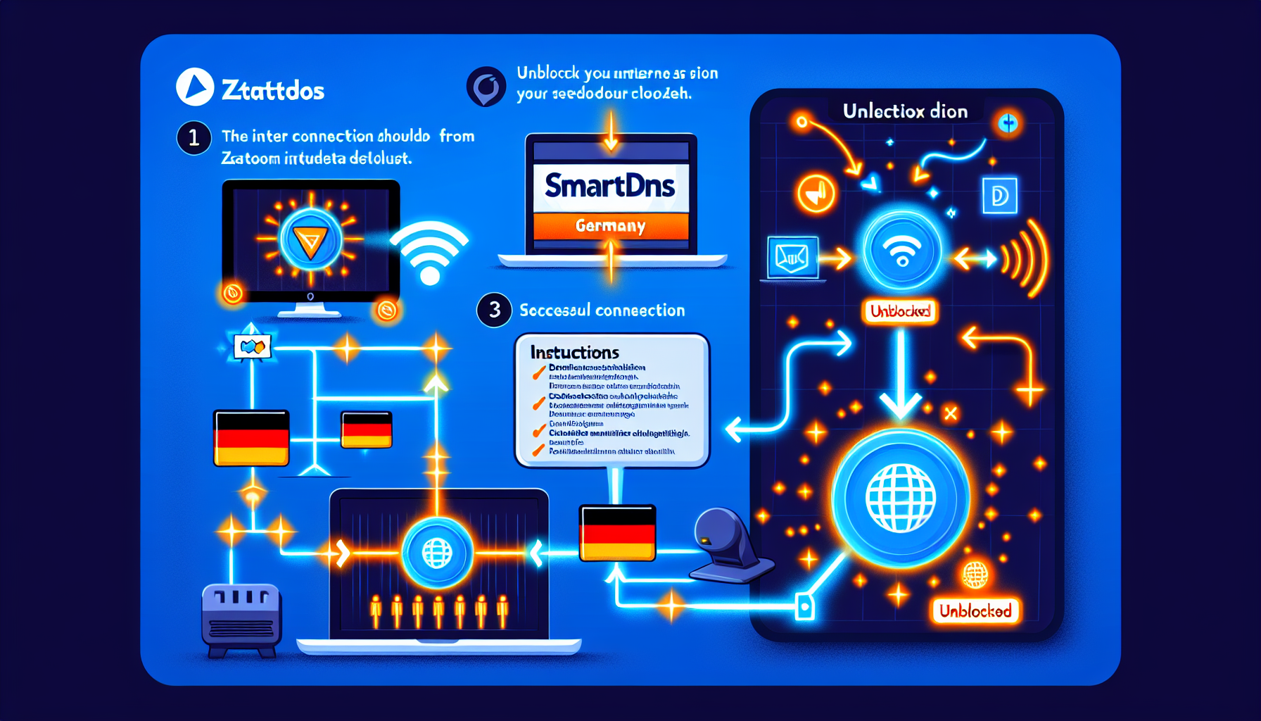 An infographic explaining how to unblock Zattoo Germany using SmartDNS. The first part shows an internet connection coming from a device, with the Zattoo logo being blocked. The second section illustrates a SmartDNS setup on the same device, displaying the logo of SmartDNS along with an instructions list. Finally, it shows a successful connection to Zattoo, demonstrating the unblocked logo clearly visible. The Internet connection should be represented as a series of glowing, color-coded lines to symbolize data flow.