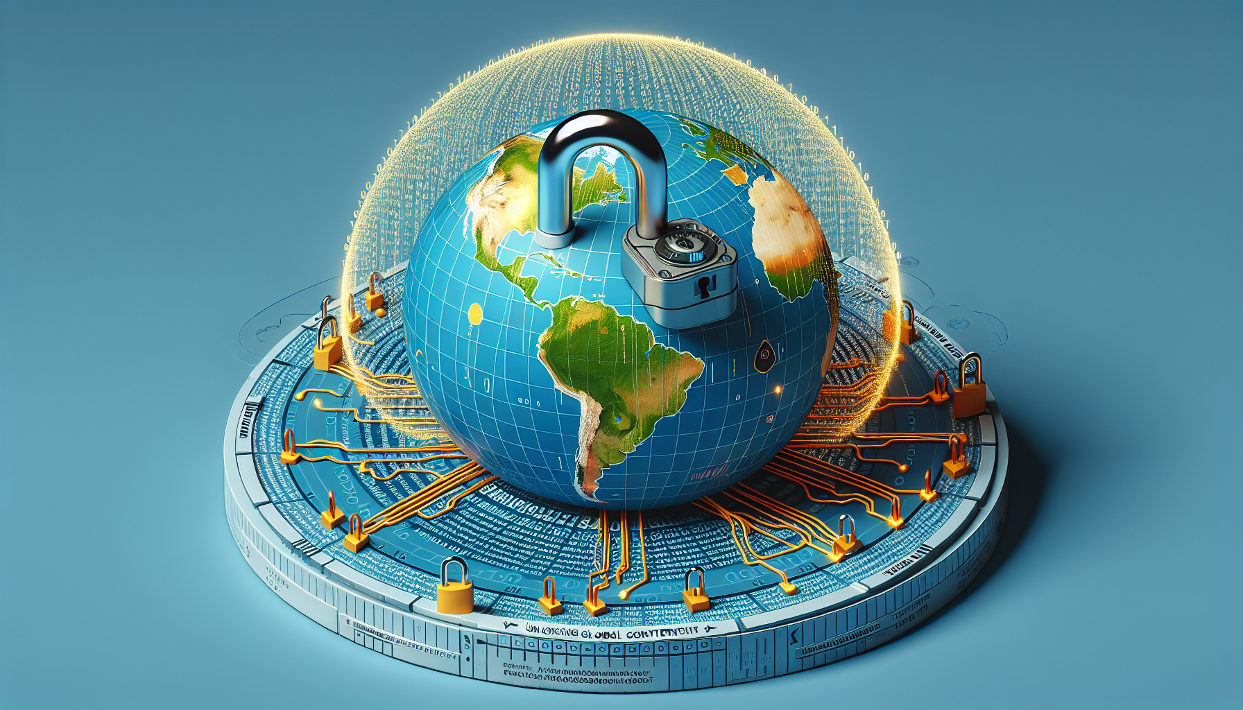 An educational representation of how Smart DNS works. The illustration is a global map with various regions highlighted, and there is a high-tech lock being unlocked in the center of the map. There are strings of code flowing from different parts of the globe to the central lock, representing internet data. The ground underneath the lock is made up of binary code, representing a private digital sphere. There is a label on top that reads 
