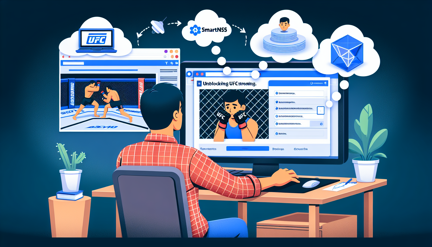Illustration of someone unblocking UFC Streaming using SmartDNS. Picture in the background shows a sports streaming interface on a computer screen, with UFC graphics in soft focus. The main scene shows a person sitting in front of the computer, with a depiction of the SmartDNS logo hovering above. This person is an East Asian male, casually dressed, with his hands on the keyboard. Step-by-step thought bubbles above his head reveal him referring to notes on a notepad, accessing streaming site settings, adjusting DNS settings, and finally successfully streaming a UFC match.