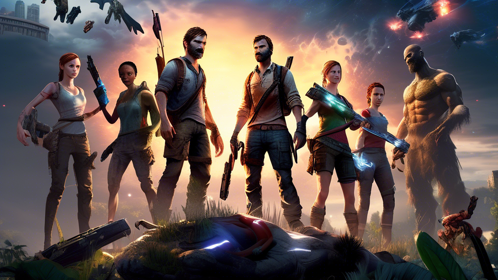 An artistically rendered image of a diverse collection of iconic PS4 game characters standing together on a digital landscape, showcasing titles like The Last of Us, God of War, Spider-Man, and Horizon Zero Dawn, illuminated by the glow of a PS4 console in the foreground.