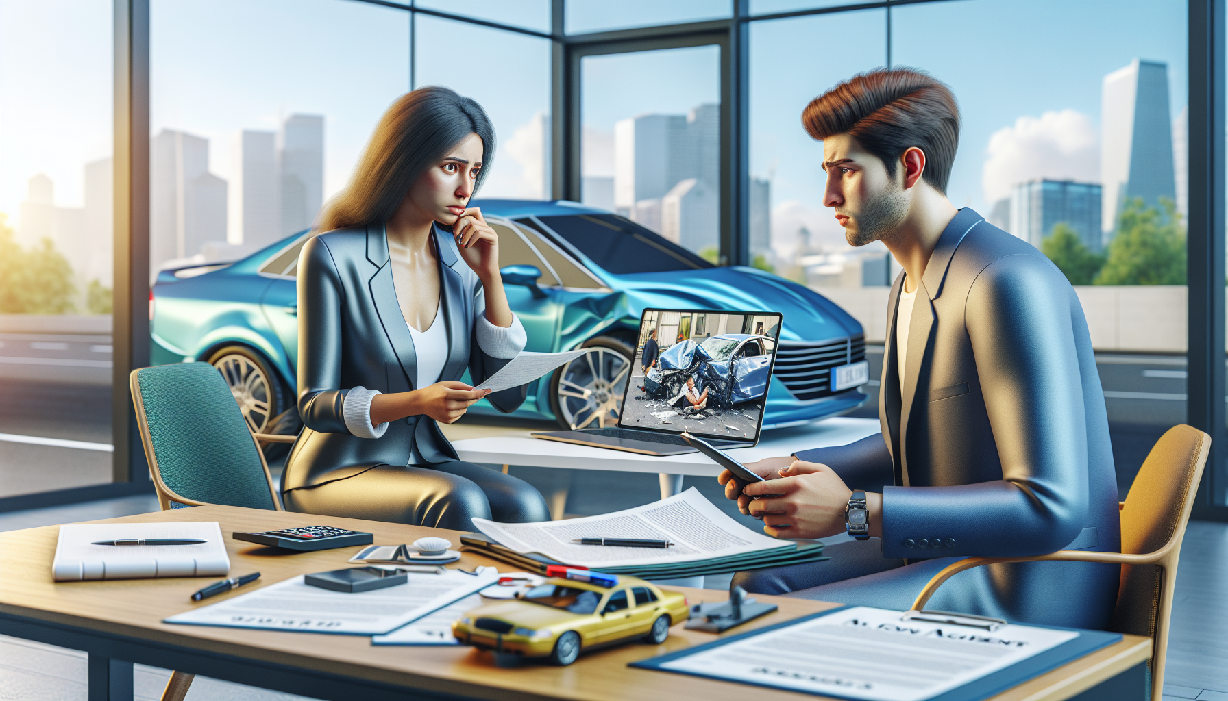 A photorealistic, modern representation of hiring a lawyer for car accident claims. A South Asian female lawyer is seated at a contemporary desk with a laptop, legal documents, and a phone. She is in deep conversation with a Caucasian male client, who appears distressed. The client holds photos of a car accident in his hands. The background is a busy cityscape viewed through a large glass window. The overall color scheme is bright and colorful, with emphasis on blue and yellow, symbolizing trust and optimism.