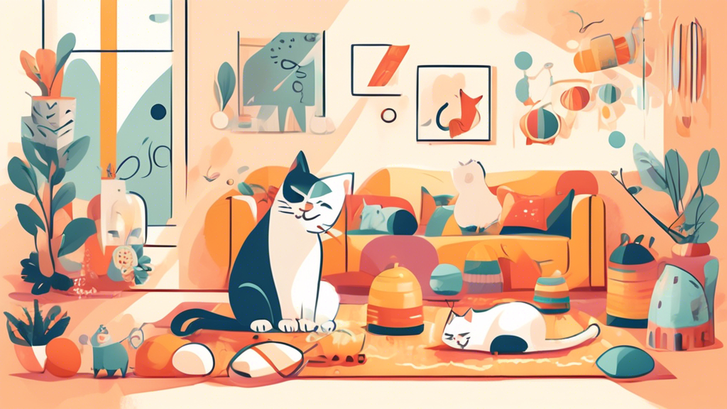 Create an image of a serene indoor space with a happy cat surrounded by cat-friendly toys and scratching posts, and a content cat owner practicing positive reinforcement training techniques. Show peaceful and harmonious cohabitation between the cat and its human, capturing a moment of joy and understanding between them.