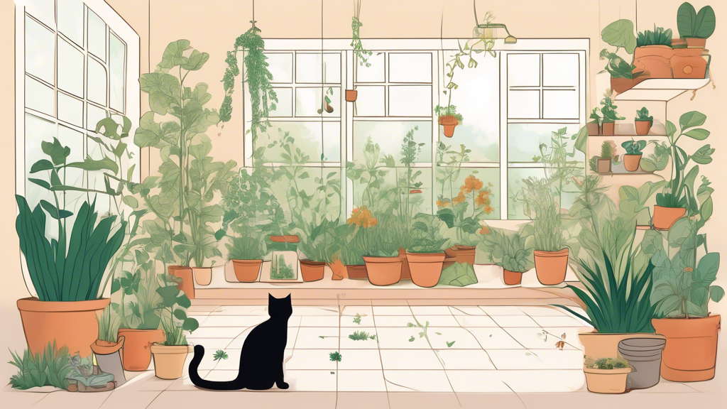 An illustrated guide showcasing a serene indoor garden filled with various natural herbs and plants, being peacefully explored by a curious cat, highlighting their effectiveness in preventing cat spraying behavior.