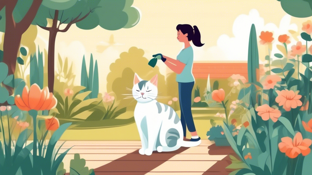 A cute illustration of a cat owner gently training their outdoor cat not to spray, with a beautiful garden background, in a cartoon style.