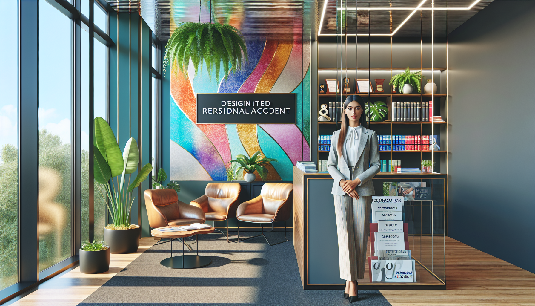 A modern, colorful, photorealistic representation of a bright and lively office environment. Focus on a designated consultation area with comfortable seats and a polished wooden desk. Lush indoor plants, interesting abstract artwork on the walls, and an array of informative brochures about personal accident laws add to the professional but welcoming vibe of the setting. Visible is a glass shelf featuring recognitions and legal books denoting expertise. This serves as the perfect backdrop to a woman of Middle-Eastern descent, who is confidently standing in smart attire, indicative of a lawyer