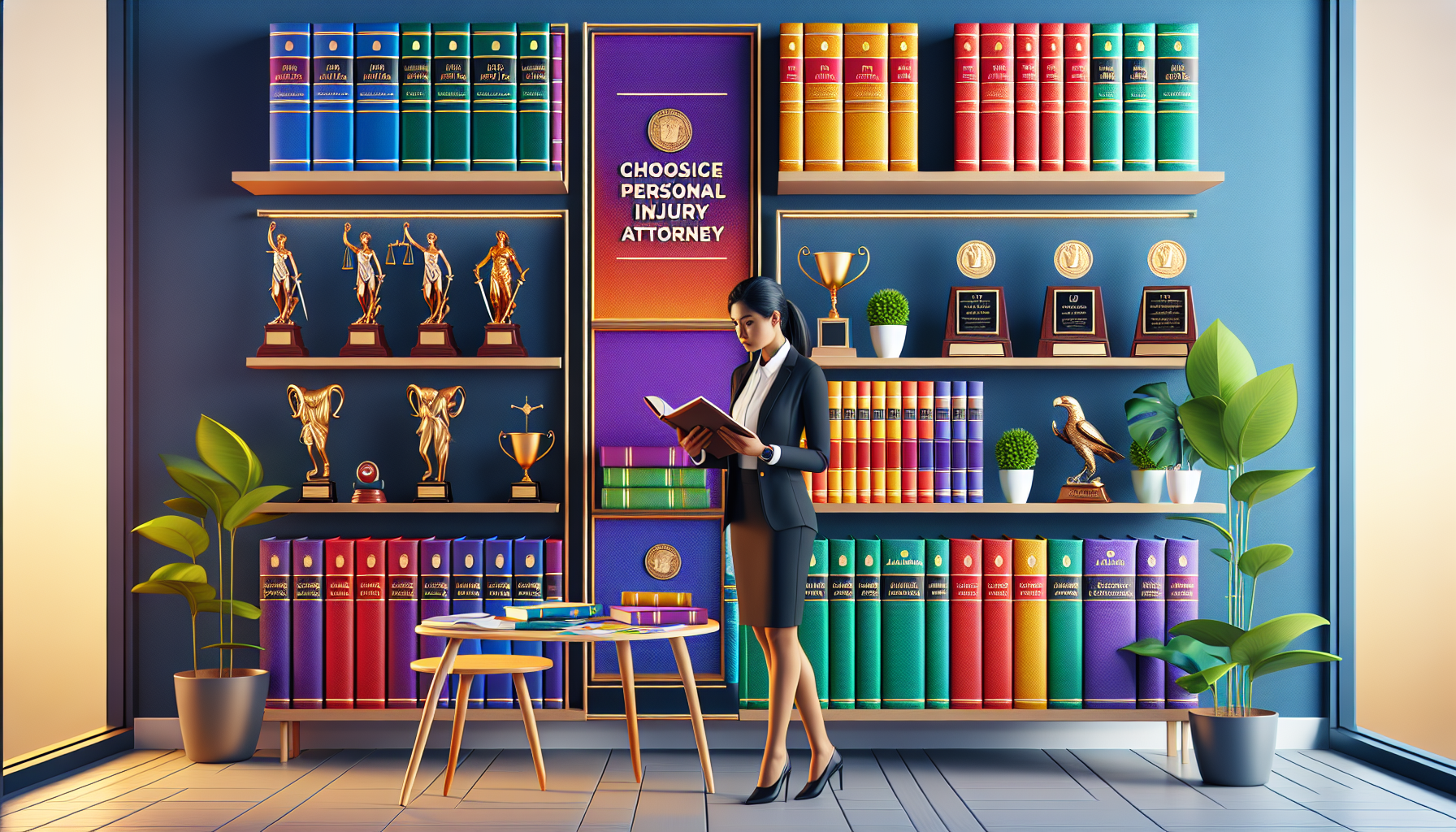 A modern and colorful scene depicting the process of choosing the right personal injury attorney. On one side of the room, there