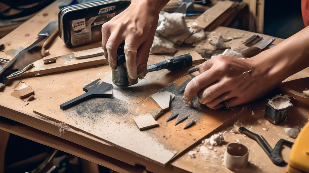 Create an image of a person repairing a damaged piece of furniture that has been sprayed by a cat, showing them using various tools and materials to fix the damage. The person should be focused and determined, surrounded by items like sandpaper, paint, and wood filler to illustrate the repair process.Capture the essence of perseverance and meticulous work needed to repair cat spray damage, while showcasing the tools and materials necessary for the task.