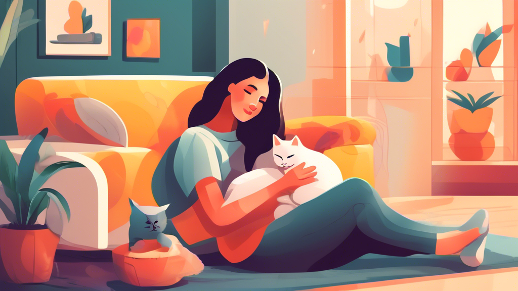 Create an image of a person happily snuggling with their indoor cat in a clean, odor-free living room, showcasing a successful solution to dealing with indoor cat marking. Include elements like a scratching post, litter box, and calming pheromone diffuser to visually represent effective strategies for managing cat behavior.