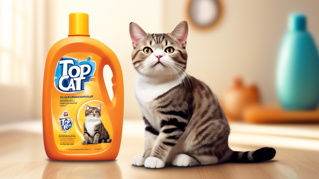 Create an image of a happy cat sitting next to a bottle of Top Cat Spray Odor Eliminator, with a background of a clean, fresh-smelling room. The cat should appear content and surrounded by pleasant scents, showcasing the effectiveness of the product.