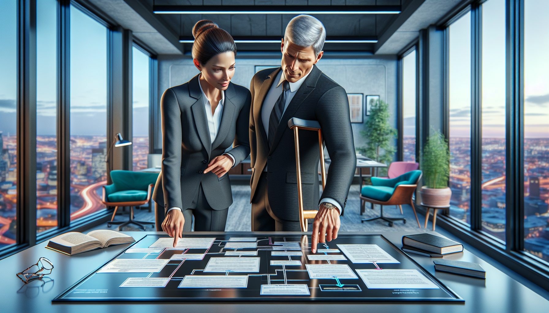 A photorealistic scene depicting the process of navigating personal injury claims with an attorney. The attorney, a mid-age Hispanic woman in a sharp charcoal suit, is pointing at a series of flowcharts and documents spread out on a modern, glass-top office desk. Her client, a mature Caucasian man with crutches standing beside her, is attentively listening. The image shows a colorful office setting, with modern furniture and accents, a floor-to-ceiling window in the background overlooking a bustling cityscape. The room is filled with natural light, highlighting the vibrancy of the scene.