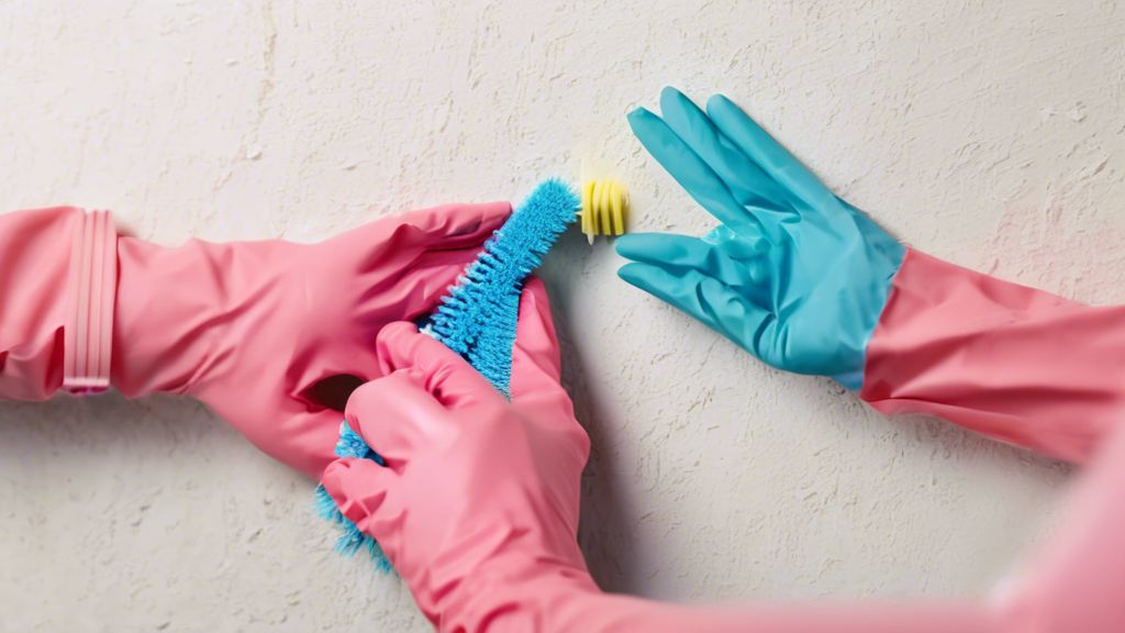 Create an image of a person wearing gloves and using cleaning supplies to remove dried cat spray from a wall or piece of furniture. Ensure the image includes various cleaning tools, such as a scrub brush, spray bottle, and paper towels, to illustrate the process effectively. Show the person following the tips mentioned in the article, such as using an enzymatic cleaner or vinegar solution, to provide a visual guide for effectively cleaning dried cat spray.