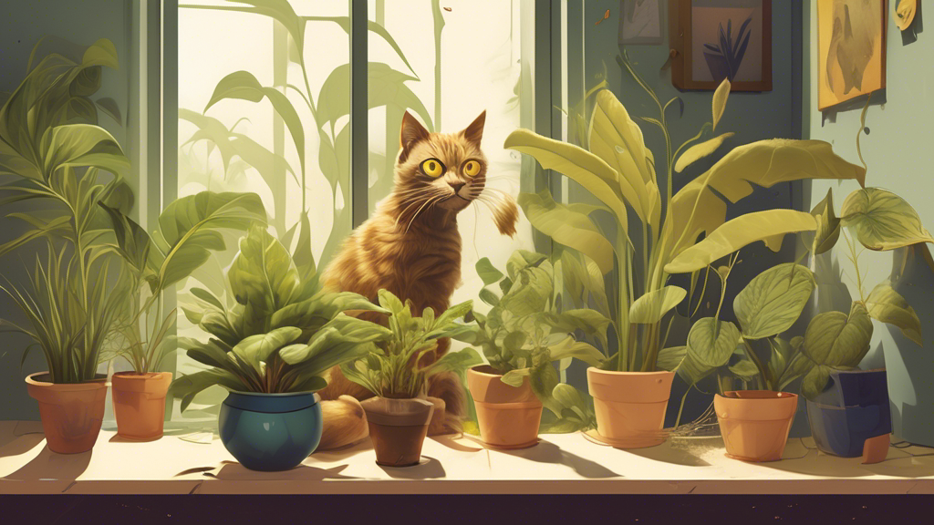 Create an image of several houseplants with wilted leaves and yellowing stems, placed in close proximity to a curious-looking cat with its tail raised in a spraying position. The cat