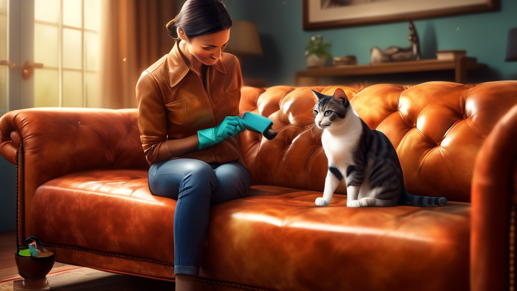 Create an image of a cat owner gently cleaning a leather couch with a specialized leather cleaner to remove cat spray stains, while their curious cat looks on from a distance. The image should convey a sense of care and attentiveness in removing the stains, despite the cat