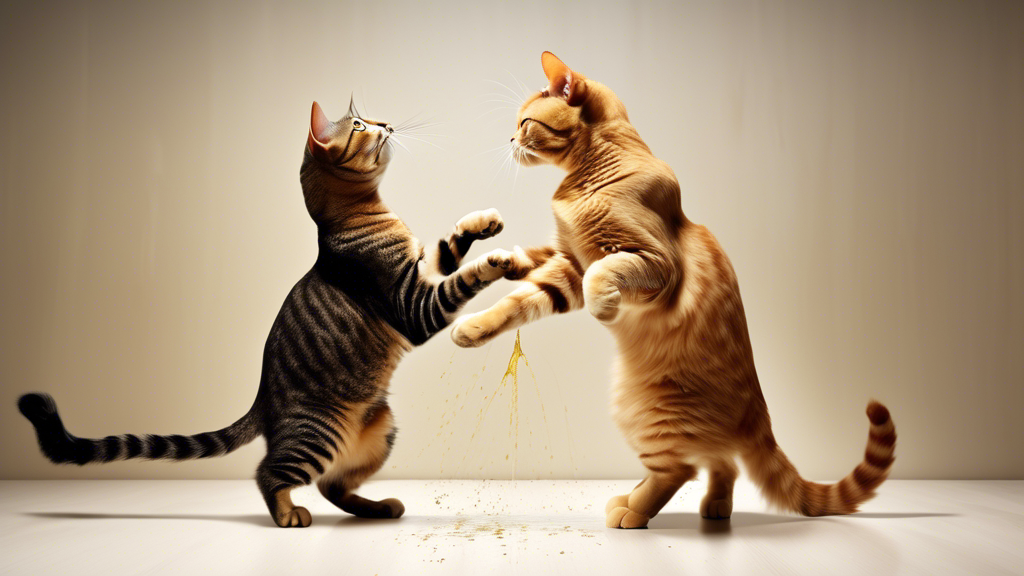 Create an image of a cat exhibiting spraying aggression towards another cat in a home environment. The scene should show one cat standing tall with its tail upright, spraying urine towards the other cat who is cowering and looking fearful. The environment should be indoors with typical home decor to emphasize the issue of managing spraying aggression in domestic cat relationships.