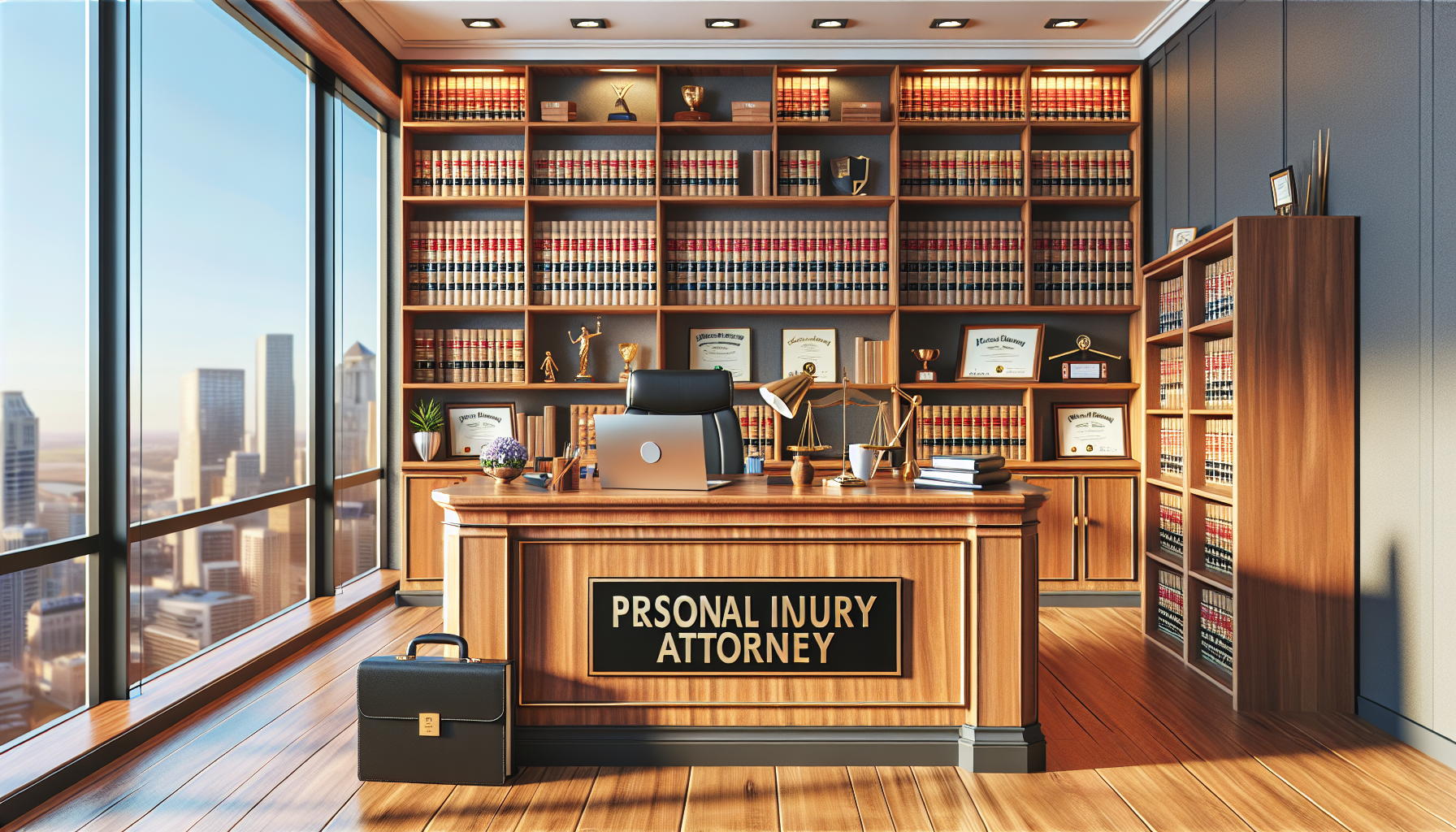 A modern, colorful, and photorealistic image of a room that is designed to look like a personal injury law firm. It has a polished wooden desk with a nameplate that reads 