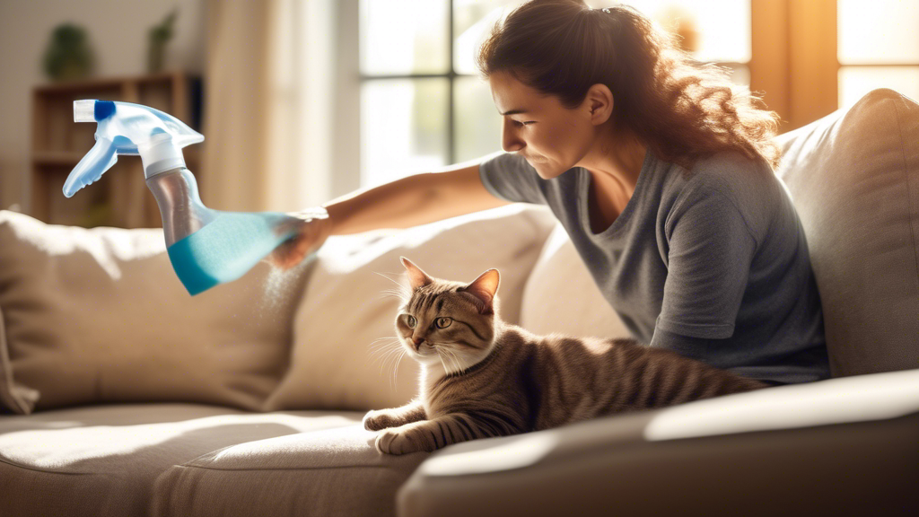 Create an image of a cat owner using an enzyme cleaner to remove cat spray odor from a sofa, while their cat watches with a curious expression. The owner is holding a spray bottle and a cleaning cloth, with a look of determination on their face. The living room is cozy, with a cat tree in the background and sunlight streaming through the window.