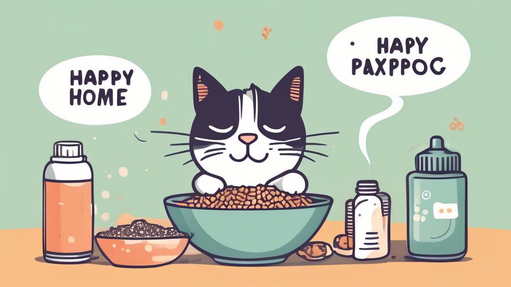 Create an image of a cat sitting next to a bowl of food, with various dietary options around it such as raw food, wet food, and dry kibble. Show the cat happily eating from the bowl, with a thought bubble above its head containing a crossed-out spray bottle and a happy face. The background should be a cozy home setting to emphasize the positive impact of dietary adjustments on preventing cat spraying.