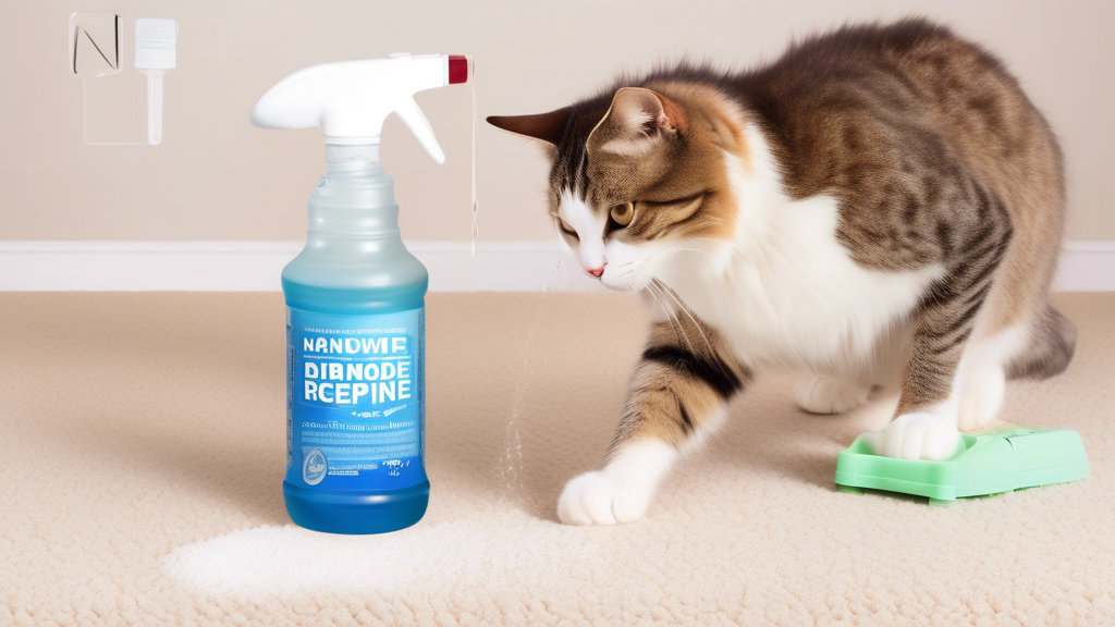 Create an image of a homemade cat urine odor remover recipe in action. Show a spray bottle filled with a mixture of baking soda, vinegar, water, and essential oils being applied to a carpet stained with cat urine, with the odor visibly dissipating. Capture the transformation as the DIY solution effectively eliminates the unpleasant odor, leaving the carpet fresh and clean.