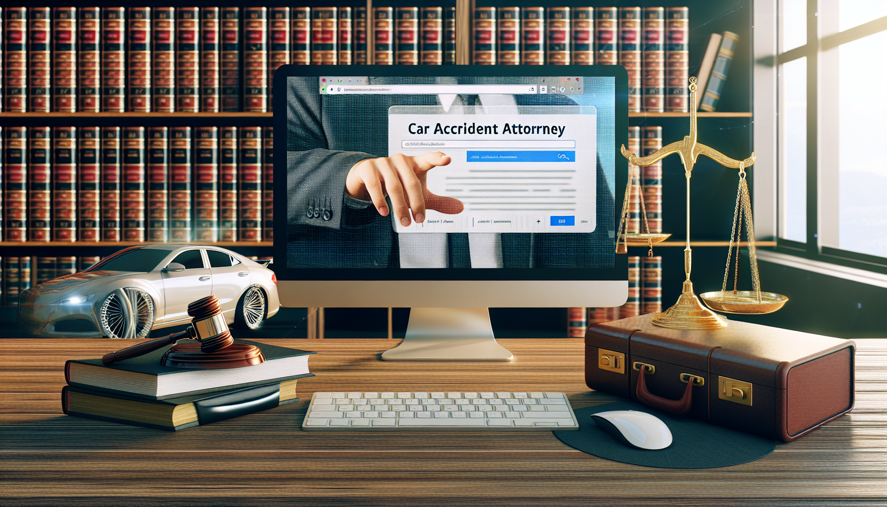 Picture a photorealistic scene depicting the concept of choosing the right car accident attorney. Imagine a modern office setting with a desk adorned with law books, a briefcase and a scale of justice. A desktop computer displaying a web search for 