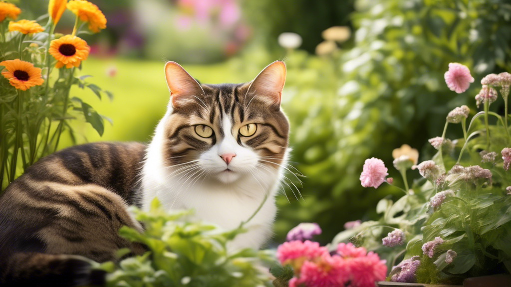 Create an image of a peaceful garden setting with a happy outdoor cat relaxed and content, surrounded by plants and flowers. The cat should be clearly not showing any signs of spraying or marking territory. This image should convey a sense of harmony between the outdoor environment and a well-behaved outdoor cat, illustrating the tips and tricks for preventing cat spraying discussed in the article.