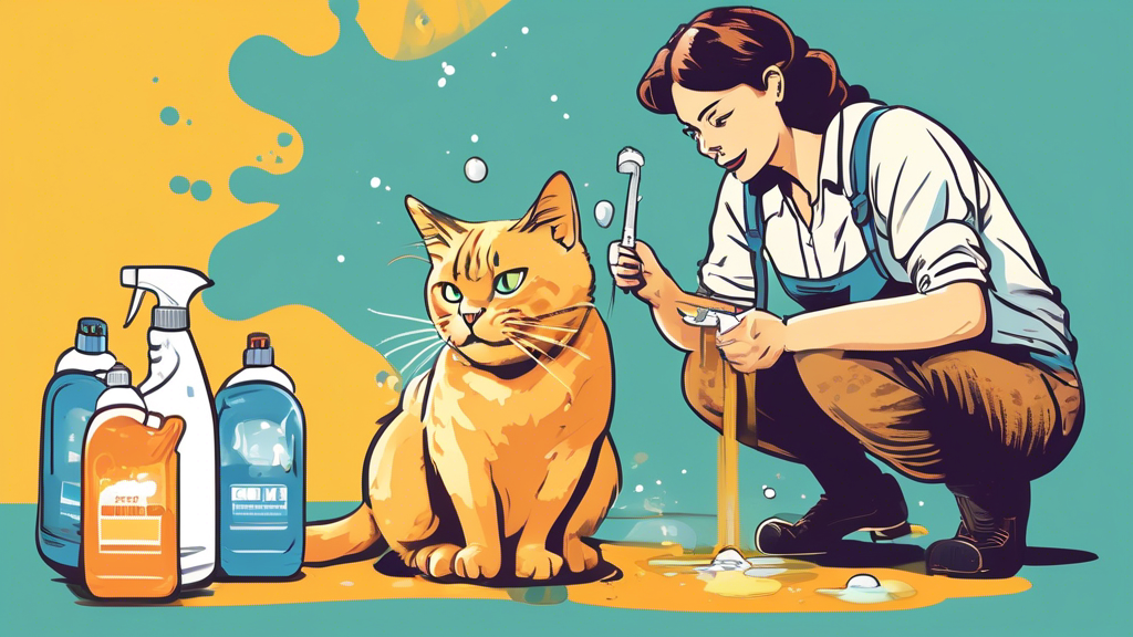 Create an image of a frustrated cat owner holding cleaning supplies with a cat sitting in the background next to a puddle of urine on the floor. Display a thought bubble above the cat owner with various tips to stop cat peeing issues, such as using a litter box attractant, consulting a veterinarian, considering stress factors, and establishing a routine cleaning schedule. Illustrate the scene with attention to detail and vibrant colors to highlight the importance of addressing this common issue among cat owners.