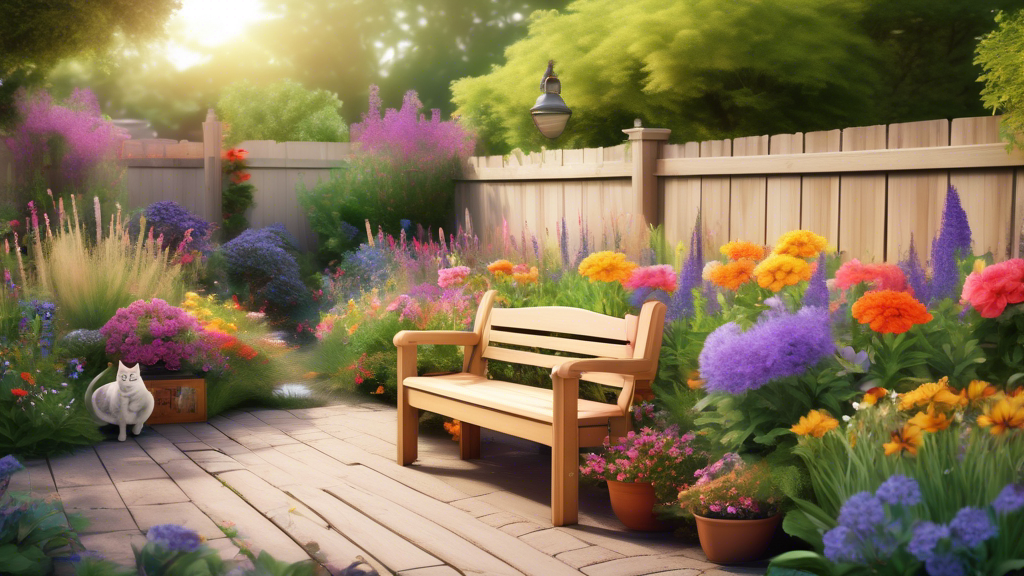 Create an image of a serene backyard garden with colorful flowers and a cozy wooden bench, surrounded by a fence lined with products designed to deter cats from spraying. Include items such as motion-activated deterrents, natural repellents, and barriers, all strategically placed to keep the area spray-free and inviting for both cats and their human companions.