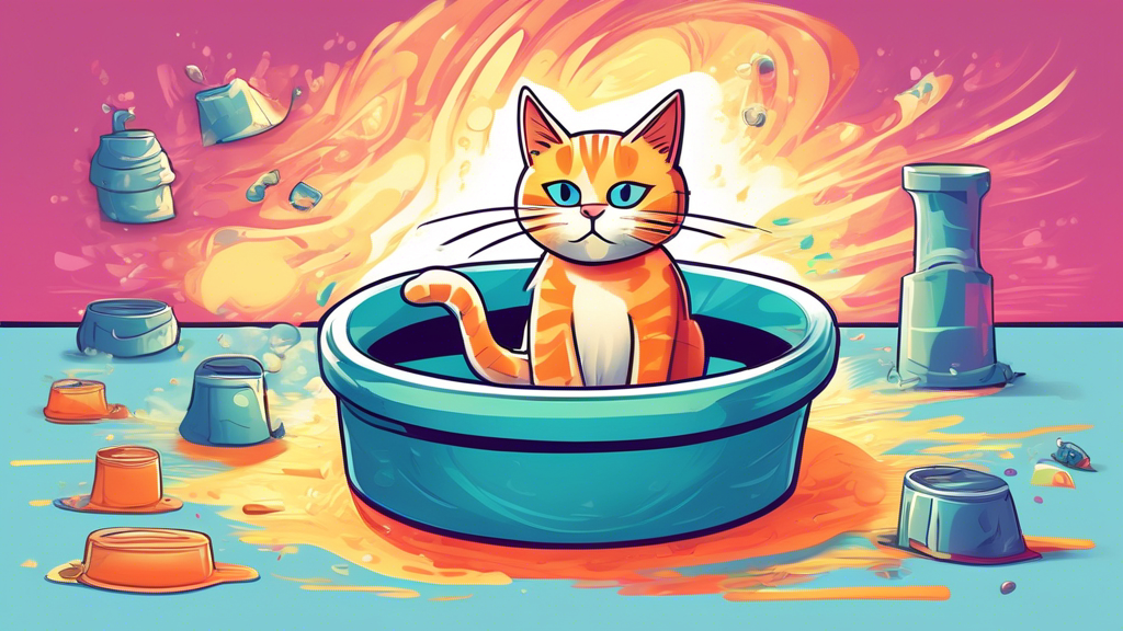 Create an image of a force field surrounding a litter box, with a cat inside peacefully using it, while a strong and pleasant scent emanates from the force field, symbolizing the top product for eliminating cat urine odor.