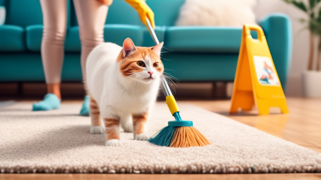 An image of a person cleaning a carpet using a natural cleaning solution to remove cat urine stains, with a smiling cat in the background looking relieved and content.