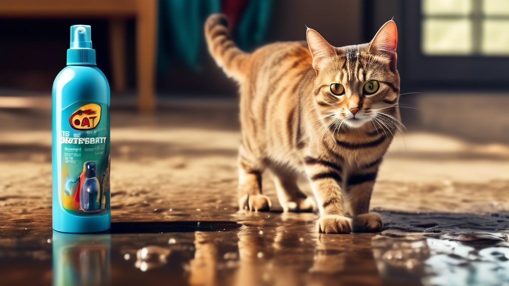 An image of a cat looking mischievous while standing next to a bottle of cat deterrent spray, with a puddle of urine in the background.