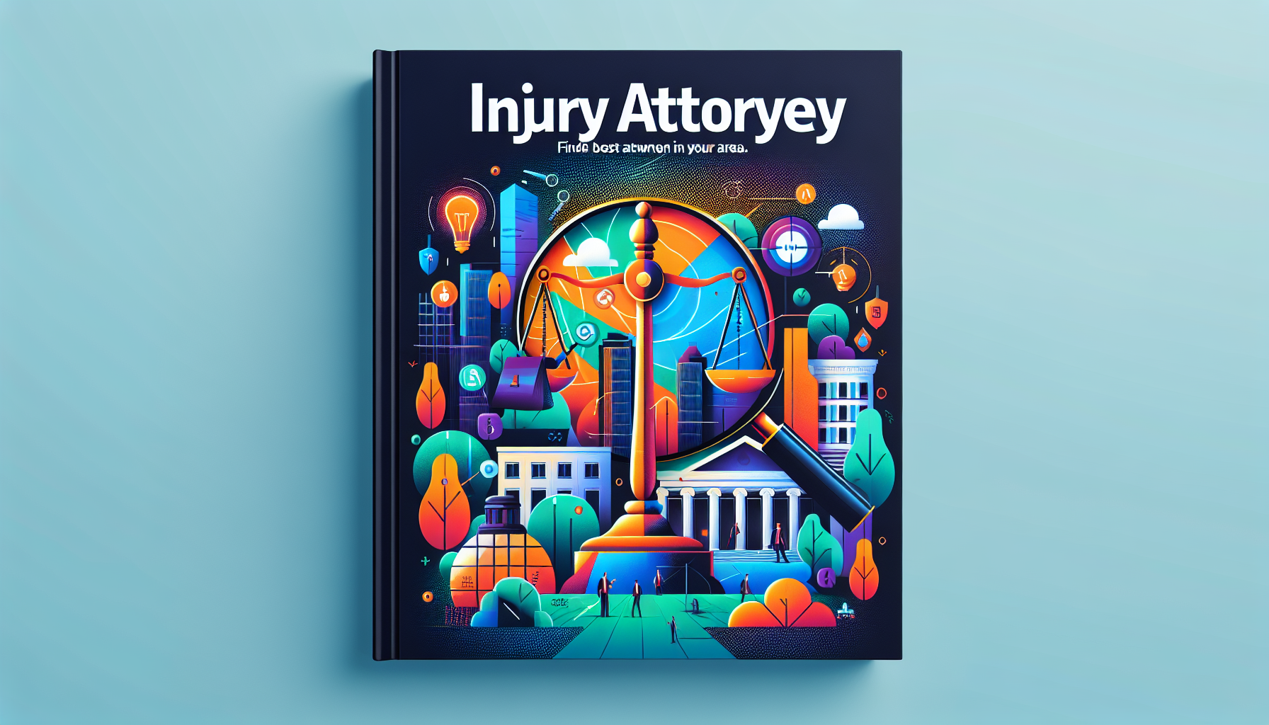 Create a comprehensive, modern guide cover promoting the concept of finding the best injury attorneys in your area. The design is visually appealing, full of vibrant colors and elements that suggest the locality. Features may include a balanced scale (symbol of justice), a cityscape (symbol of locality), and a magnifying glass (symbol of search). Remember, no text is to be included -- the image should be photorealistic.