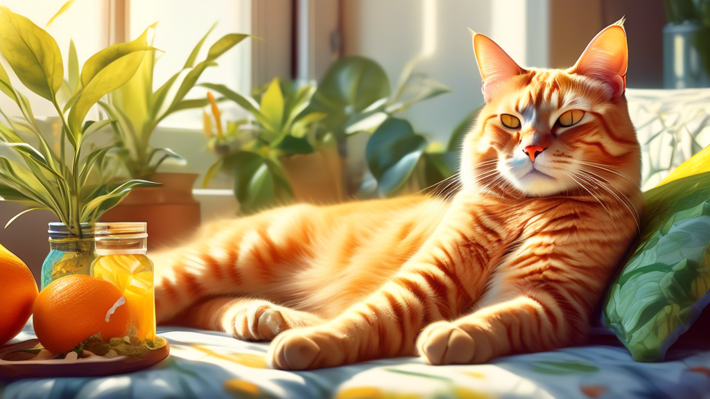 Create an image of a happy and content cat peacefully lounging in a sunlit room, surrounded by various natural remedies such as citrus peels, vinegar, and plant-based calming sprays. The cat should appear relaxed and not exhibiting any signs of spraying behavior.