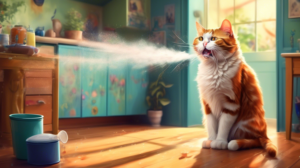 Create an image of a senior cat spraying in an indoor setting, showcasing the frustration and surprise of the cat owner in the background. The cat should be depicted with distinct elderly features and the indoor environment should be cozy and well-furnished to contrast with the undesirable behavior.