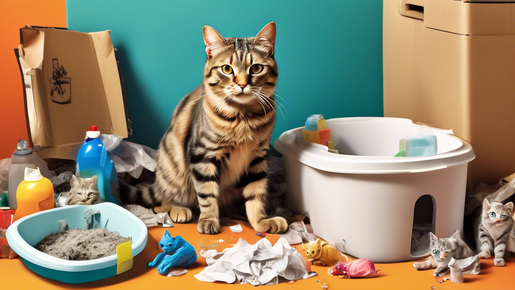 Create an image of a cat sitting next to a litter box with one paw raised as if spraying, surrounded by various objects that could potentially be considered litter such as crumpled paper, plastic bags, and small toys. The cat should appear contemplative or confused, highlighting the connection between litter box behavior and cat spraying.