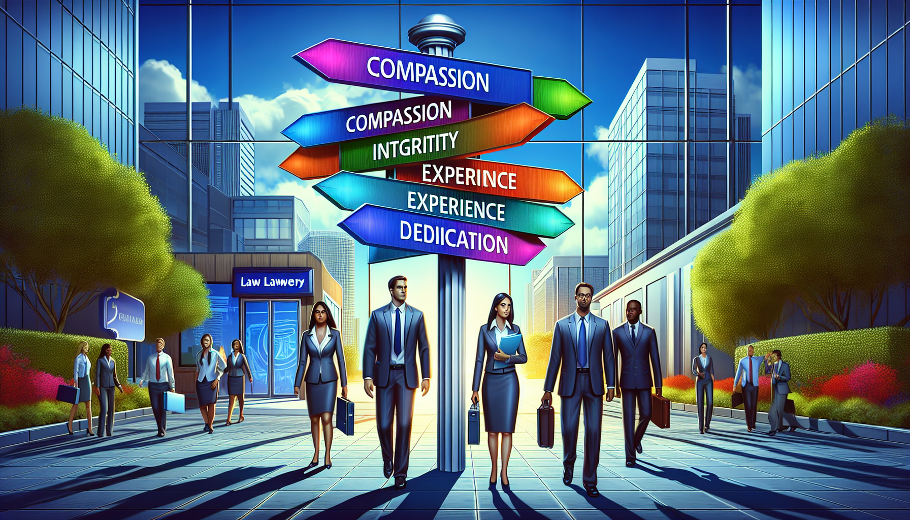 Conceptual representation of finding the best personal injury lawyers. Depict a modern law office setting with a large, colorful signpost, pointing to various directions labeled as 