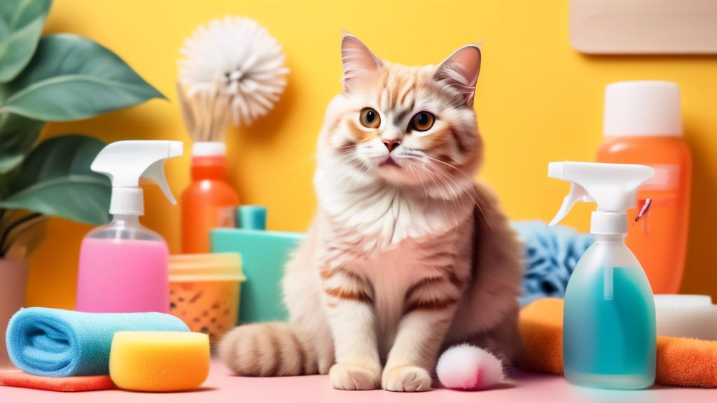 Create an image of a cute cat sitting in a freshly cleaned room, looking content and surrounded by air fresheners and cleaning supplies, with a caption Eliminating Cat Spray Odor: Quick and Easy Solutions.