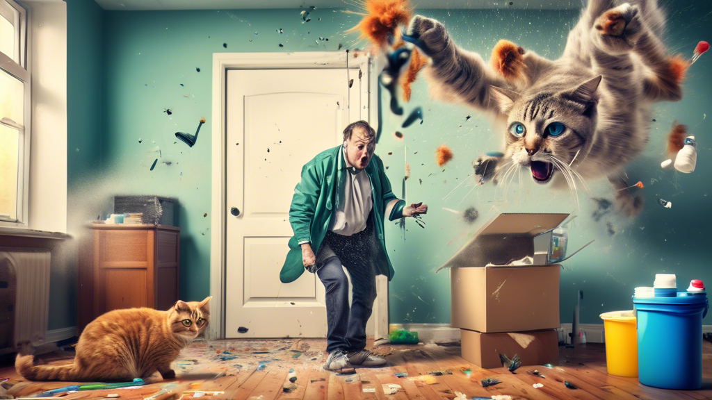 Create an image of a frustrated landlord discovering a cat spraying on the walls of a rental home, with cleaning supplies scattered around and a forlorn cat in the background. The landlord is looking exasperated, highlighting the challenges of dealing with cat spraying in rental properties.