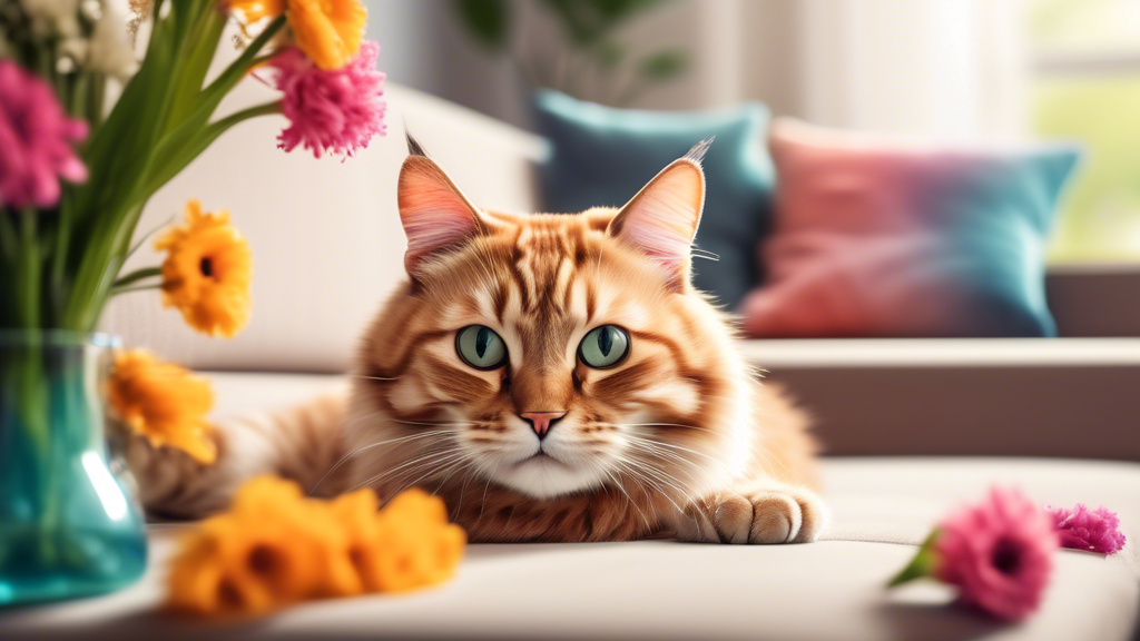 Create an image of a clean and fresh-smelling living room with a happy cat lounging on a spotless couch, surrounded by fresh flowers and a scent diffuser, embodying the idea of eliminating cat spray odor effectively.